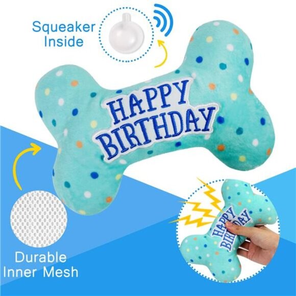 Dog Birthday Toys, Plush Dog Crinkle Squeaky Toys, Dog Chew Toys Bone - Picture 2 of 5